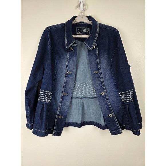 Zenim Jackets & Blazers - Zenim Denim Jacket Womens XL Blue Dark Wash Peplum Embroidered Contrast Stitch